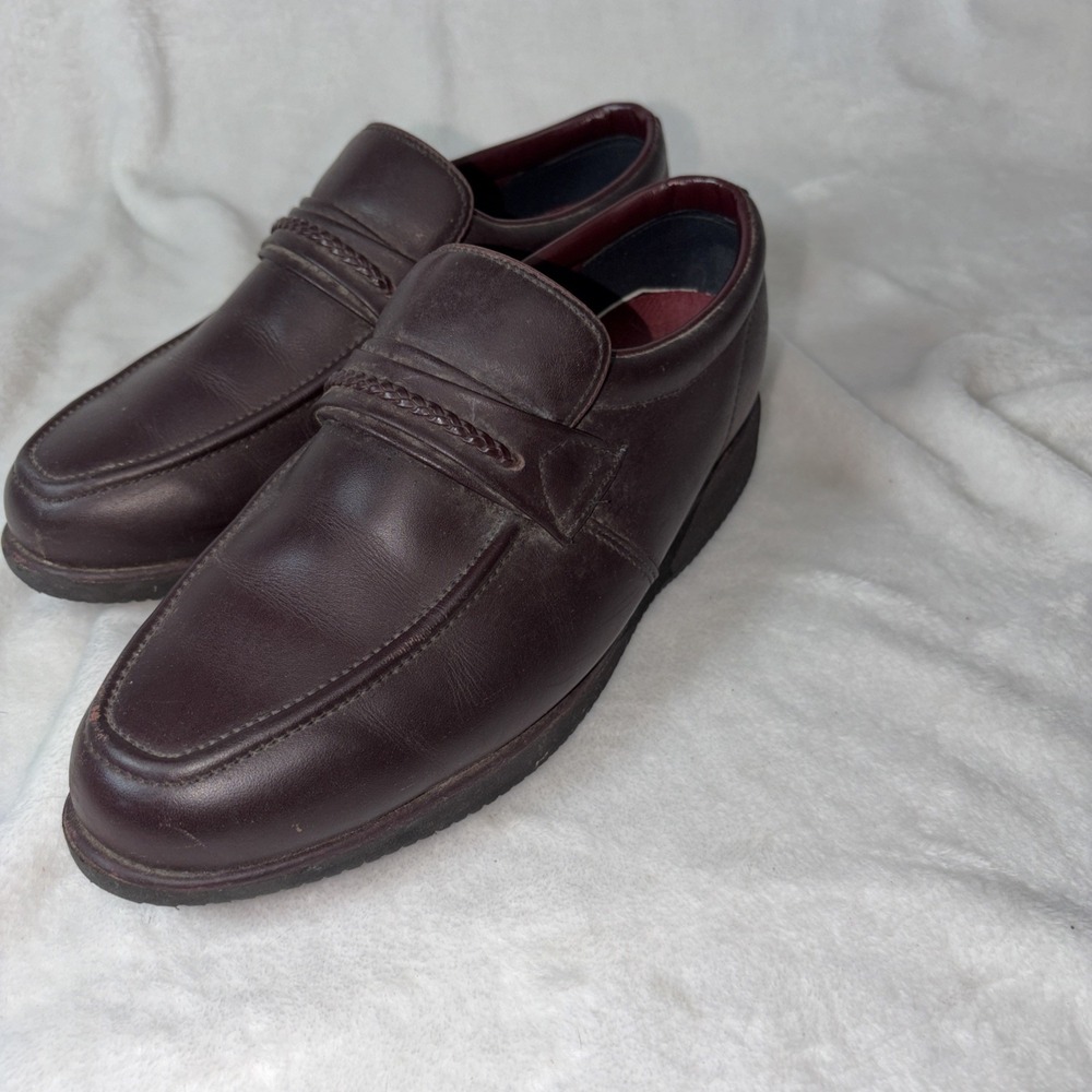 Vtg Dark Brown Goodyear Leather Loafers 9 Comfort Slip‎ On Moc Toe Braided 80s